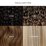 Zenagen Scalp Massager infographic indicating suitability for all hair types, featuring close-up texture squares of coily, curly, wavy, and straight hair.