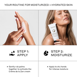 Zenagen Crème de la Zen hydrating cream application infographic showing a two-step routine to activate the cream between palms and apply to dry hands for intense moisture.