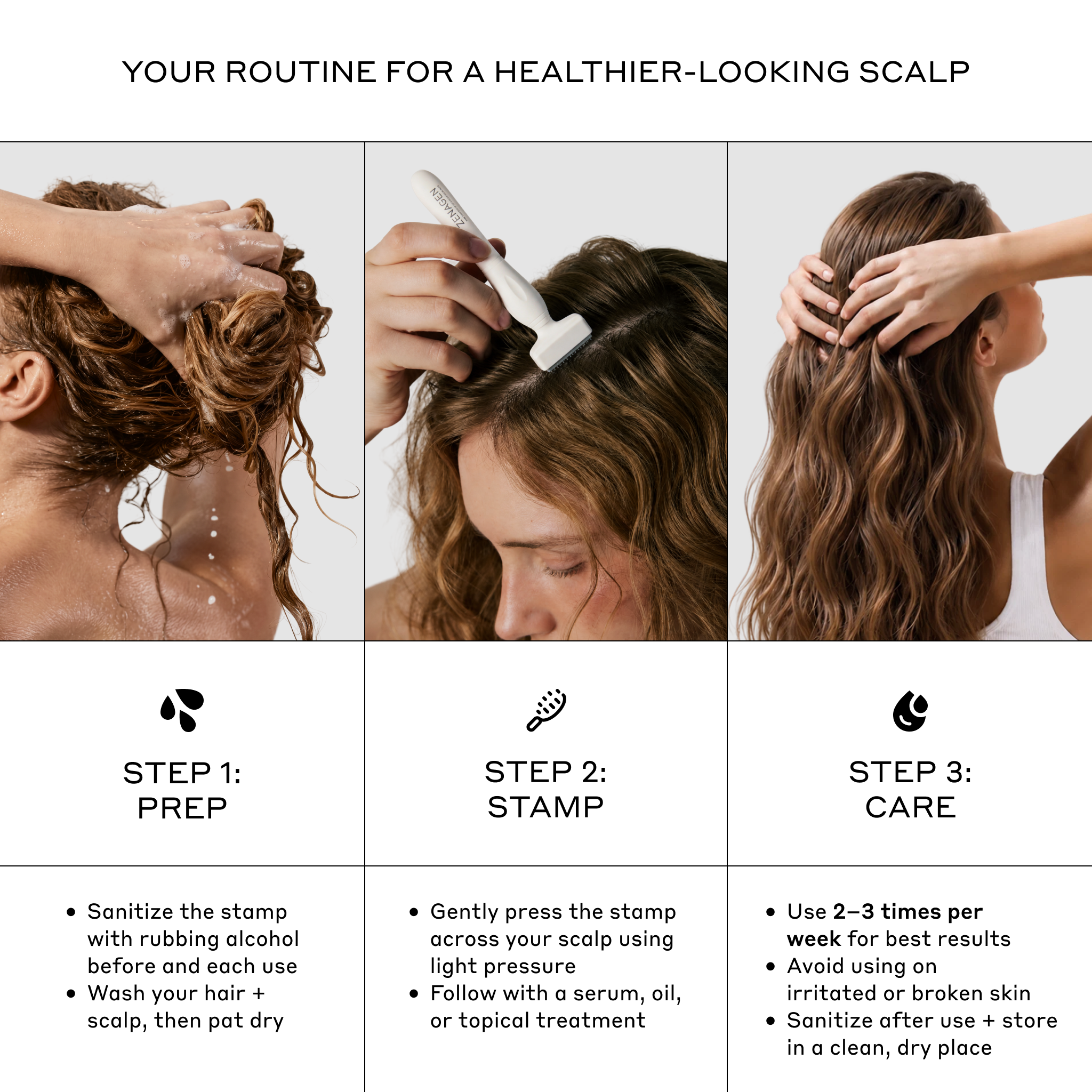 Zenagen Derma Stamp step-by-step routine infographic outlining how to prep, stamp, and care for the scalp, including instructions on tool sanitization and using light pressure 2 to 3 times per week.
