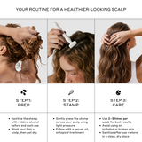 Zenagen Derma Stamp step-by-step routine infographic outlining how to prep, stamp, and care for the scalp, including instructions on tool sanitization and using light pressure 2 to 3 times per week.