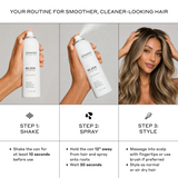 Zenagen RE:ZEN Dry Shampoo 3-step routine infographic detailing how to shake the can for 10 seconds, spray onto roots from 12 inches away, wait 30 seconds, and massage into the scalp to style.