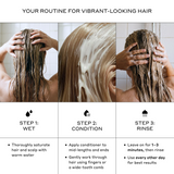 An informational hair-care routine graphic with three panels showing a woman from behind washing her hair. Text at the top reads 'YOUR ROUTINE FOR VIBRANT-LOOKING HAIR,' with step labels below: Step 1 Wet, Step 2 Condition, and Step 3 Rinse, plus bullet-point instructions.