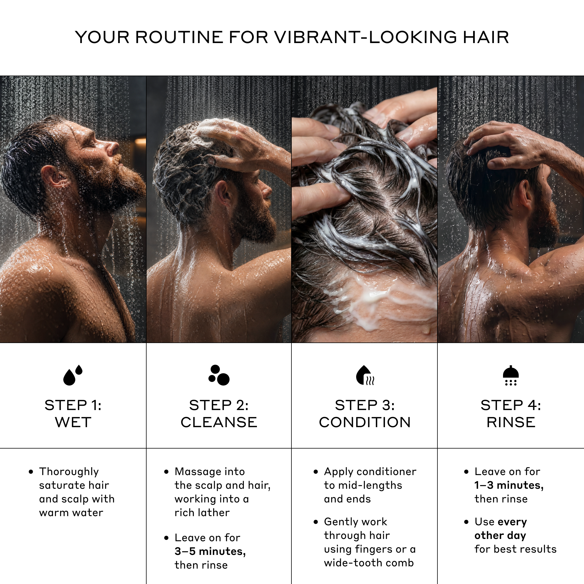 How to use Zenagen Eclipse shampoo and conditioner, color-care routine featuring cleanse, condition, and rinse steps to help maintain vibrant-looking color and healthy-looking hair.