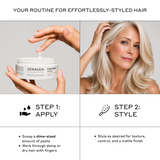 Zenagen Flexture Paste 2-step hair styling routine infographic detailing how to apply a dime-sized amount through damp or dry hair with fingers, and style as desired for texture, control, and a matte finish.