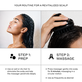 Zenagen Scalp Massager 2-step routine infographic detailing how to prep by using on wet or dry hair, and massage gently in a circular motion for 5 minutes as frequently as desired to stimulate the scalp.