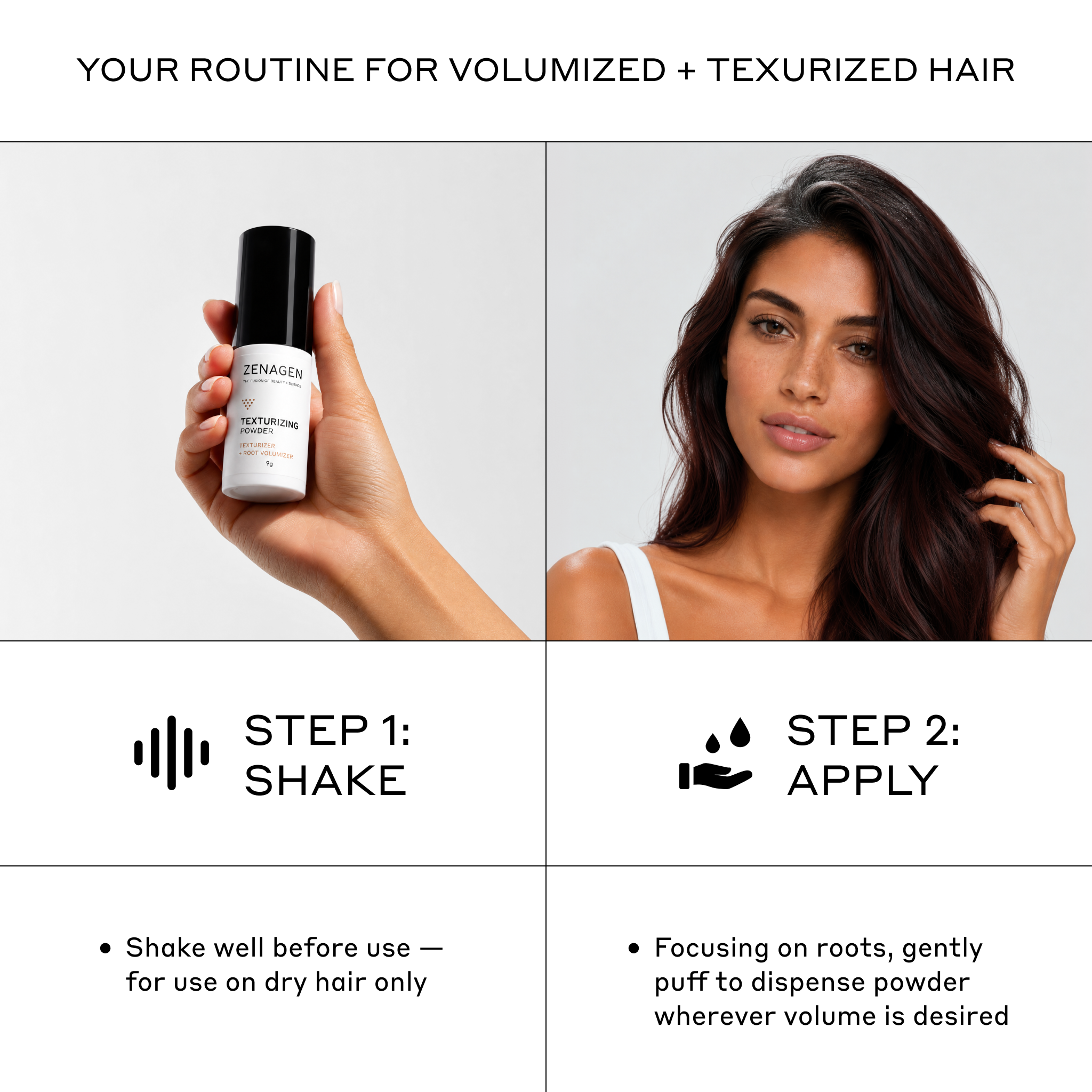 Zenagen Texturizing Powder 2-step hair styling routine infographic detailing how to shake well before use on dry hair, and gently puff to dispense the powder focusing on the roots wherever volume is desired.