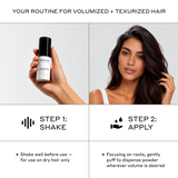 Zenagen Texturizing Powder 2-step hair styling routine infographic detailing how to shake well before use on dry hair, and gently puff to dispense the powder focusing on the roots wherever volume is desired.
