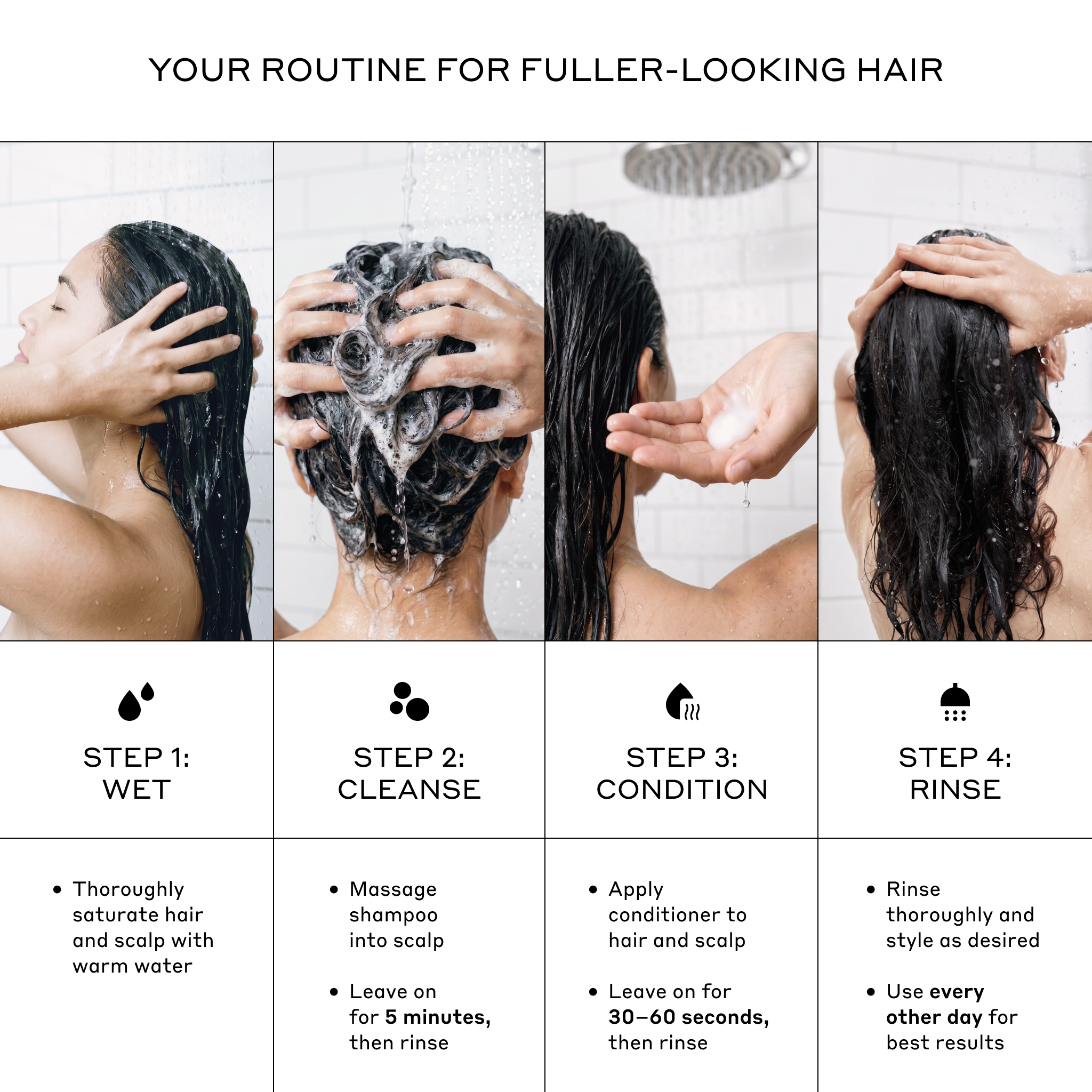 Step-by-step hair care routine for fuller-looking hair with images and text instructions.