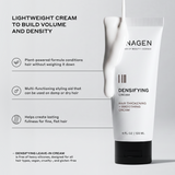 Zenagen Densifying Cream product benefits infographic detailing a plant-powered, silicone-free hair thickening and smoothing cream that creates lasting fullness for fine, flat hair.