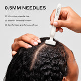 Zenagen Derma Stamp infographic demonstrating a 0.5mm microneedling tool being used on the scalp, highlighting its ultra-sharp needles, stable construction, and comfortable grip.