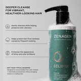 Zenagen Eclipse Color Preservation and Gray Support Shampoo product benefits infographic detailing its formula for deep cleansing, preserving color vibrancy, preventing dullness, and removing buildup without stripping moisture.