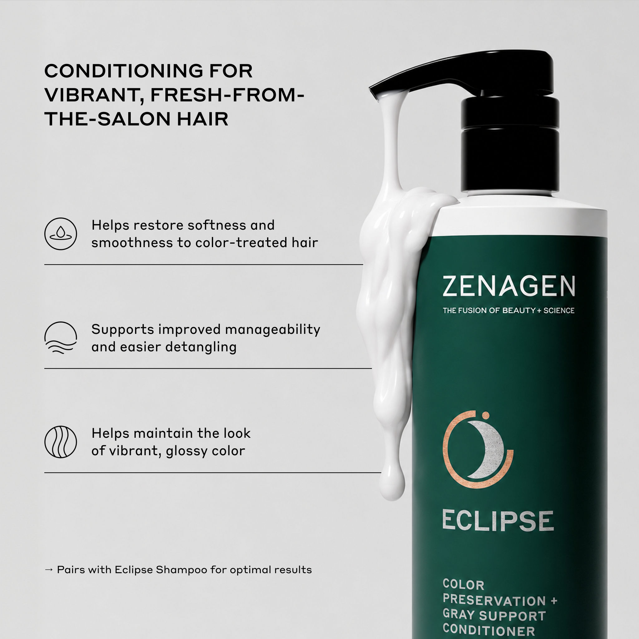 Zenagen Eclipse Color Preservation and Gray Support Conditioner product benefits infographic detailing its formula for restoring softness, improving manageability, and maintaining glossy color.