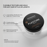 Zenagen Flexture Paste product benefits infographic featuring a 2 oz jar of the medium hold styler, detailing formula benefits for long-lasting flexible hold, piecey texture, definition, and botanical hair conditioning.