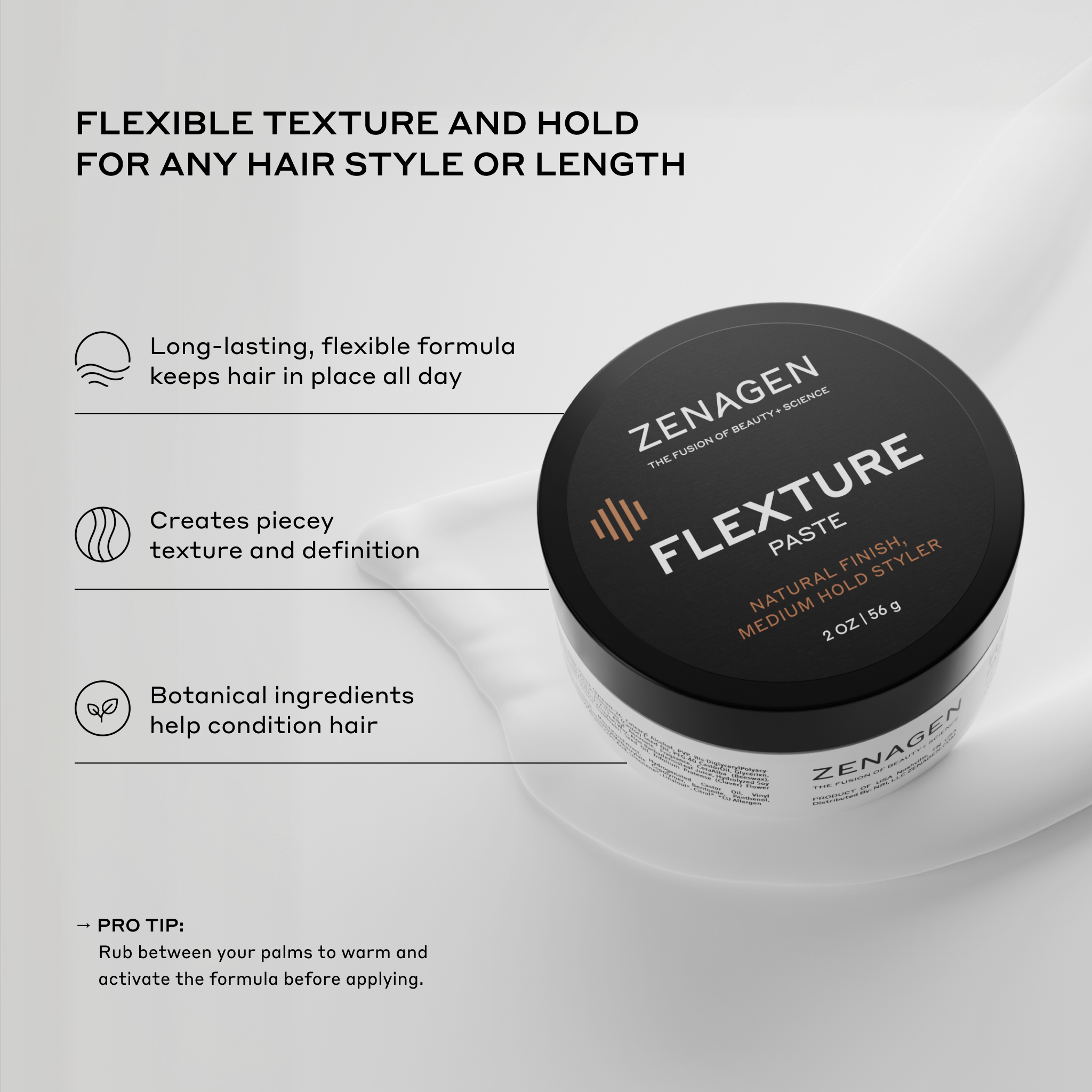 Zenagen Texture Paste medium hold styler jar shown on a light gray background with marketing text and icons describing flexible texture and hold, long-lasting formula, piecey texture definition, botanical ingredients, and a pro tip for warming and applying the formula.