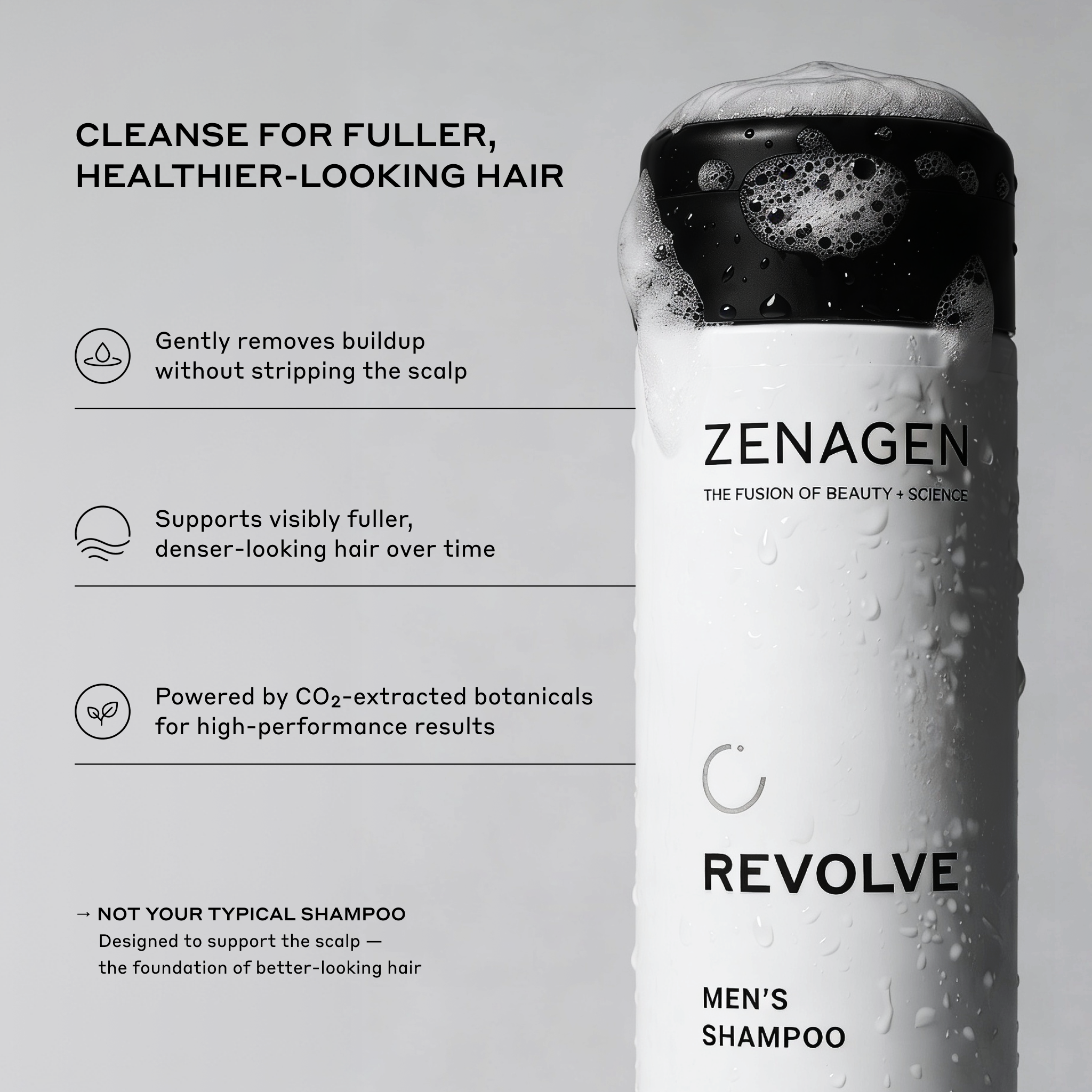 Zenagen Revolve Men's Shampoo bottle with text on a gray background