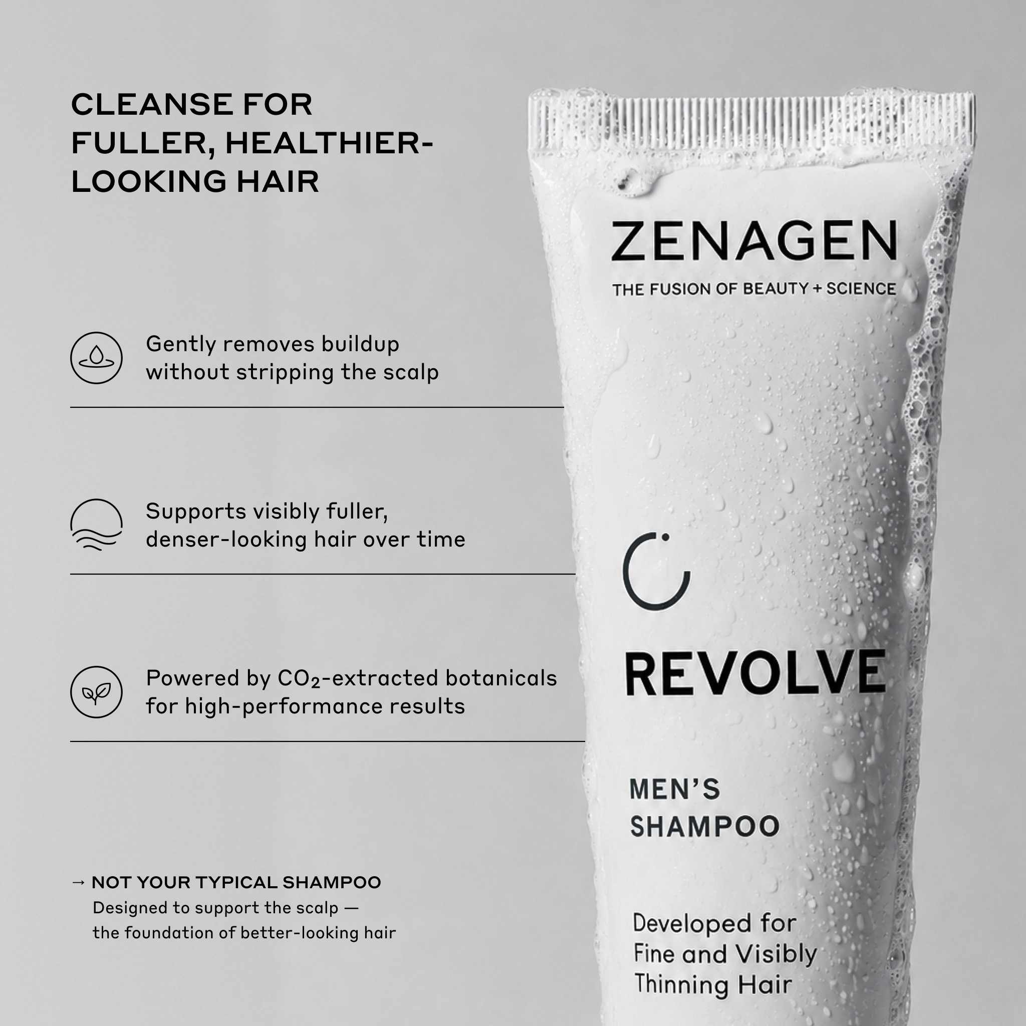 Zenagen Men's Revolve Shampoo product benefits infographic featuring a squeeze tube covered in foam, detailing formula benefits for a scalp-supporting cleanse that gently removes buildup, supports visibly fuller and denser-looking hair, and uses carbon dioxide extracted botanicals for fine and visibly thinning hair.