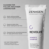 Zenagen Revolve Women's Shampoo in a white squeeze tube with water droplets, shown next to marketing text on a light gray background.