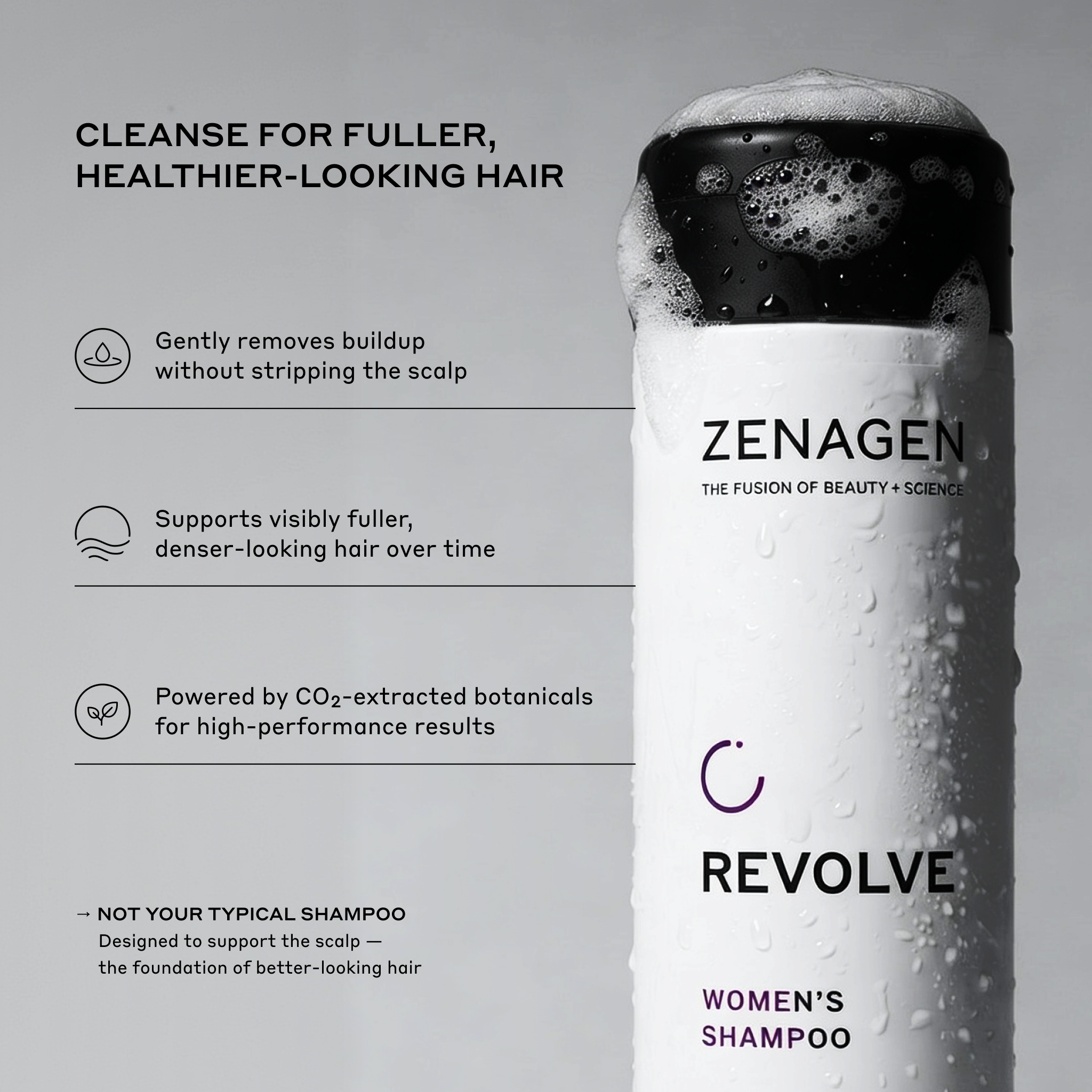 Zenagen Revolve Women's Shampoo bottle with text on a gray background