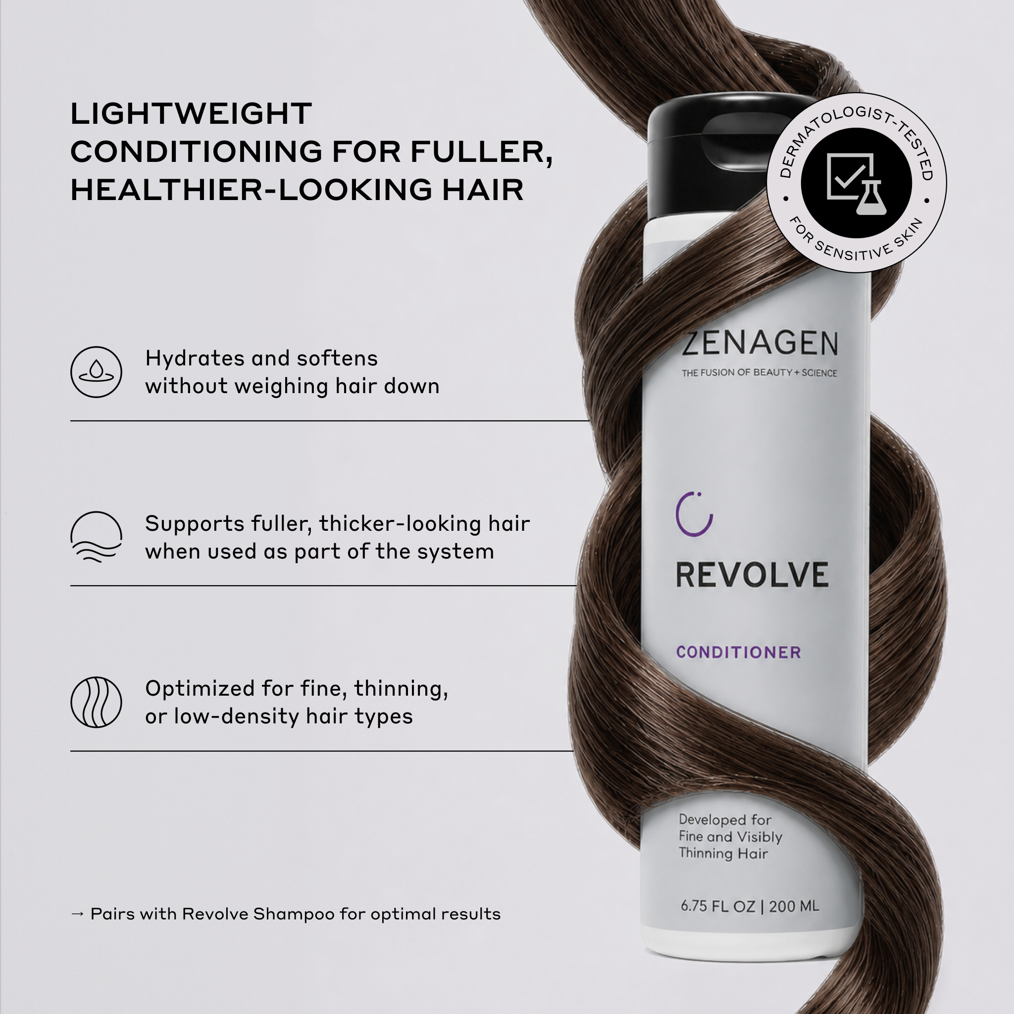 Zenagen Revolve Conditioner bottle with text about hair care benefits on a gray background