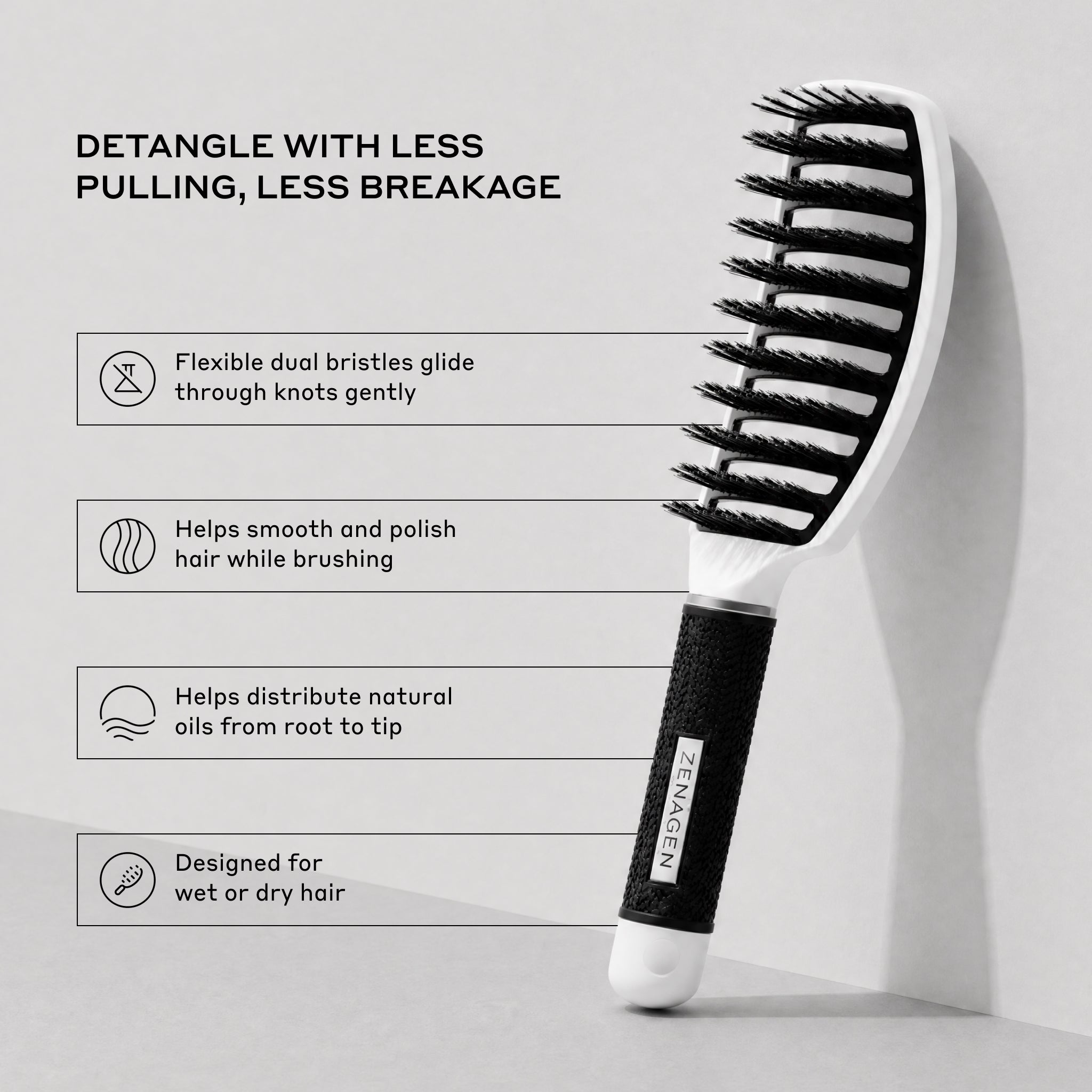 A black and white detangling hair brush shown on a light gray background with marketing text and feature callouts about gentle knot sliding, smoothing, oil distribution, and suitability for wet or dry hair.