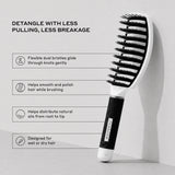 A black and white detangling hair brush shown on a light gray background with marketing text and feature callouts about gentle knot sliding, smoothing, oil distribution, and suitability for wet or dry hair.