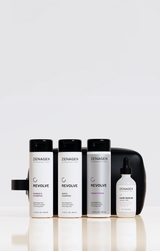 Zenagen Revolve shampoo, conditioner, and densifying hair serum displayed together for a complete hair care routine for fine and thinning hair.