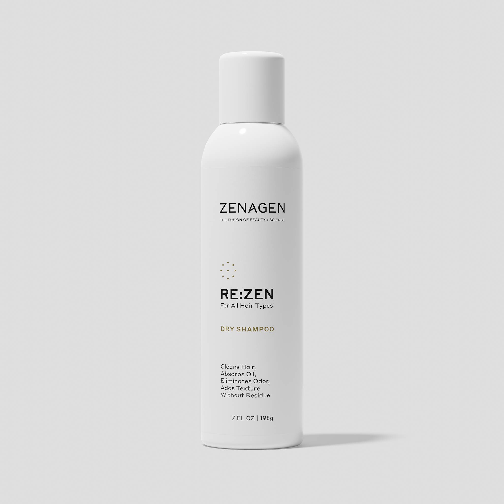 Zenagen RE:ZEN Dry Shampoo aerosol spray for all hair types, lightweight formula that absorbs oil, refreshes hair, eliminates odor, and adds texture without residue.