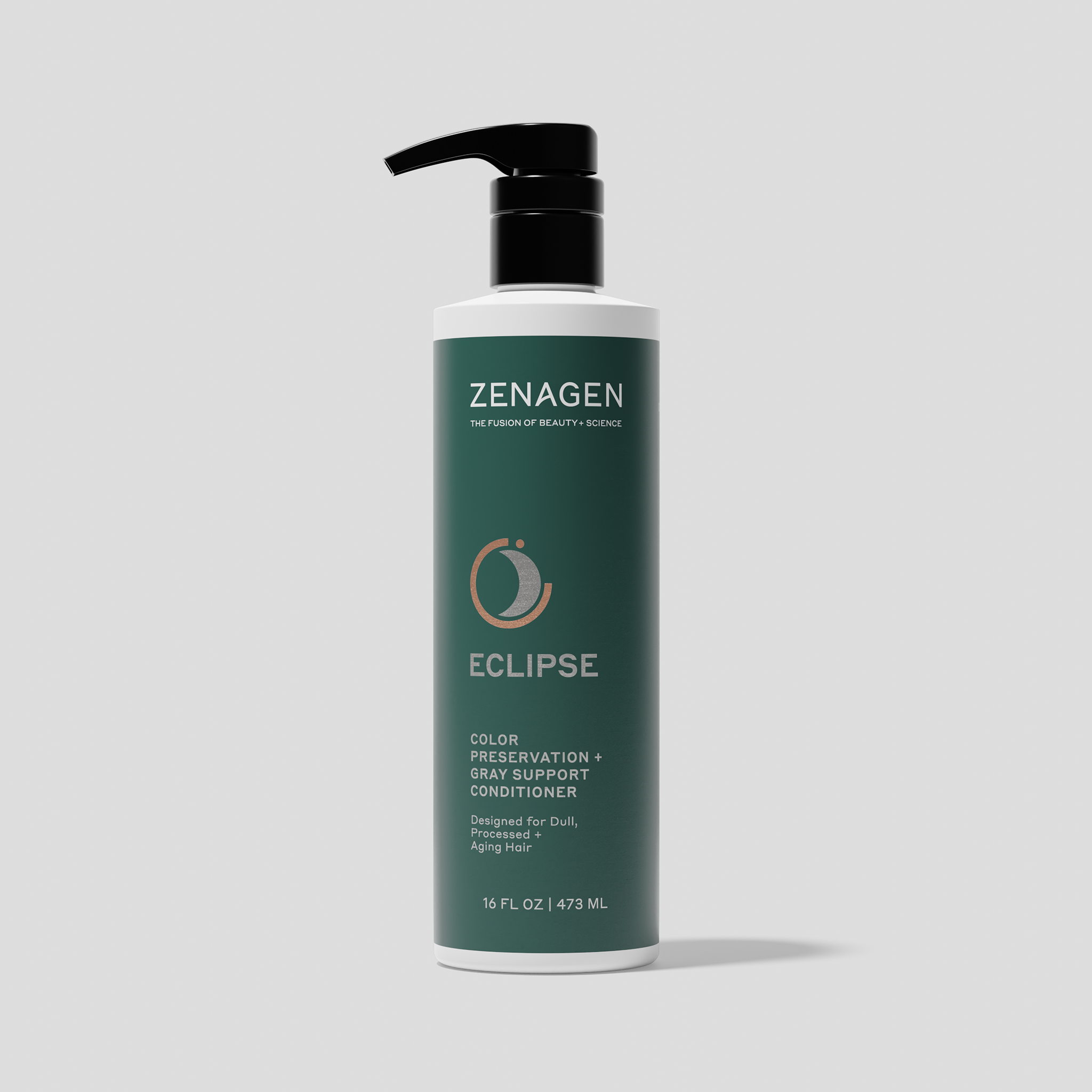 Zenagen Eclipse Color Preservation and Gray Support Conditioner 16 oz pump bottle designed for dull, processed, and aging hair to help maintain color vibrancy and improve softness and shine.
