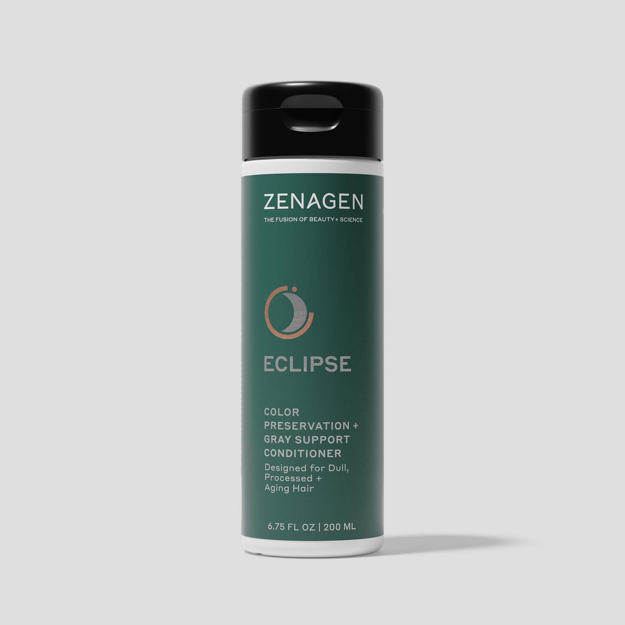 Zenagen Eclipse Color Preservation and Gray Support Conditioner 6.75 oz bottle formulated for dull, processed, and aging hair to help protect color and nourish hair.