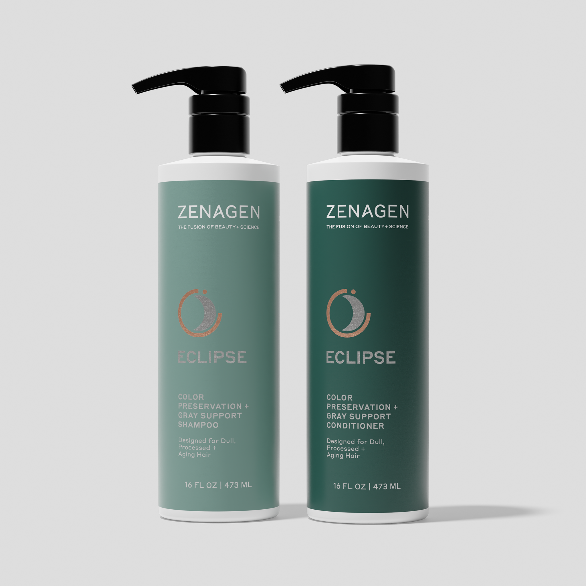 Zenagen Eclipse Shampoo and Conditioner duo 16 oz, color preservation and gray support system designed for dull, processed, and aging hair to maintain vibrancy and enhance shine.