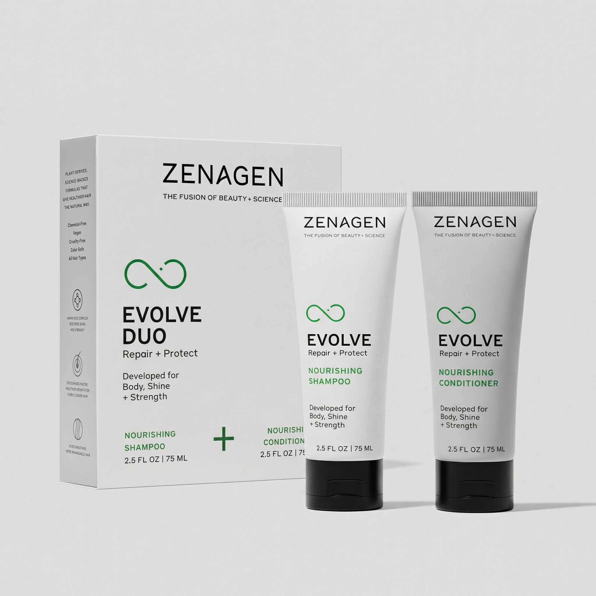 Zenagen Evolve Travel Duo nourishing shampoo and conditioner for damaged or dull hair, 2.5 oz travel size set designed to repair, protect, and improve shine and strength.