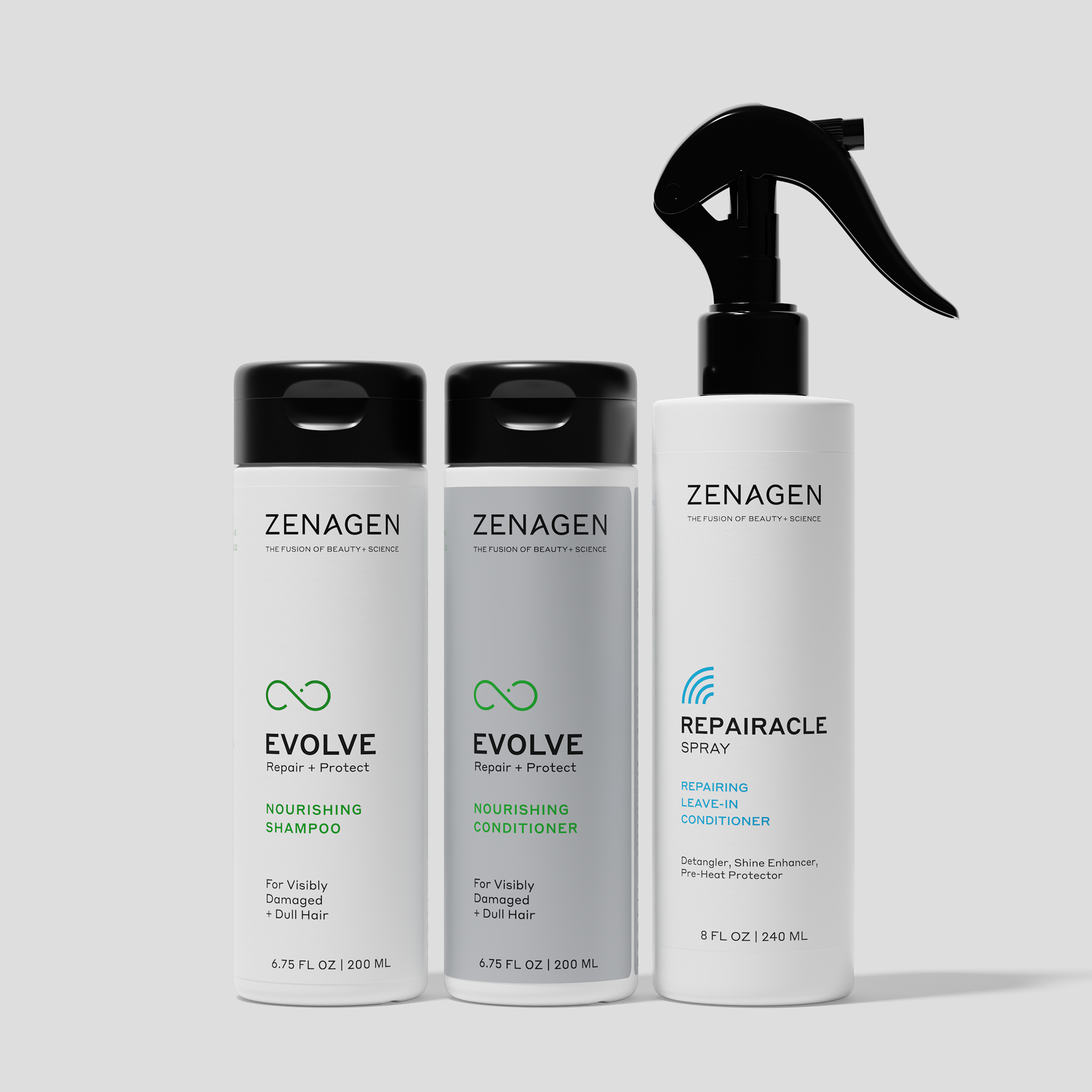 Zenagen Evolve Shampoo, Conditioner and Repairacle leave-in spray for damaged hair, nourishing repair and protection hair care set
