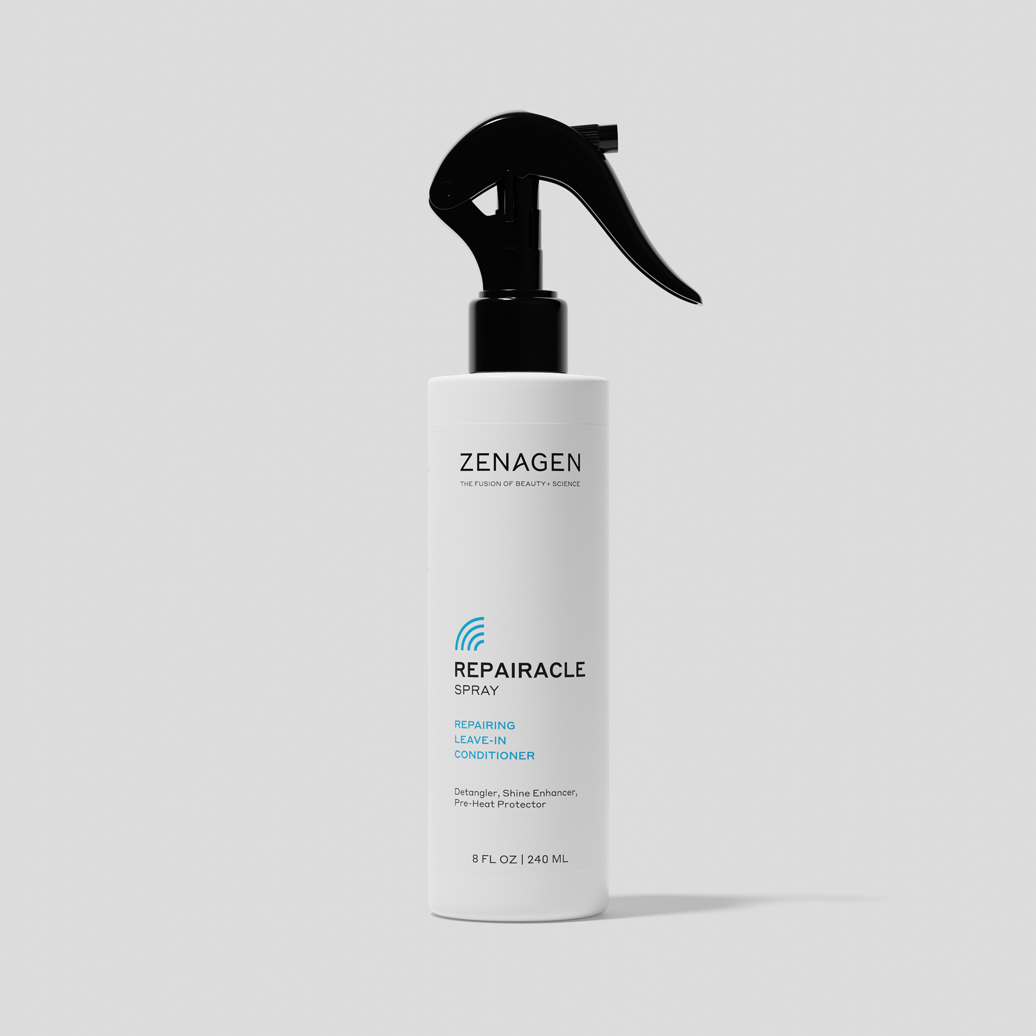 Zenagen Repairacle Spray repairing leave-in conditioner 8 oz bottle detangler, shine enhancer, and heat protectant designed to strengthen and smooth hair.