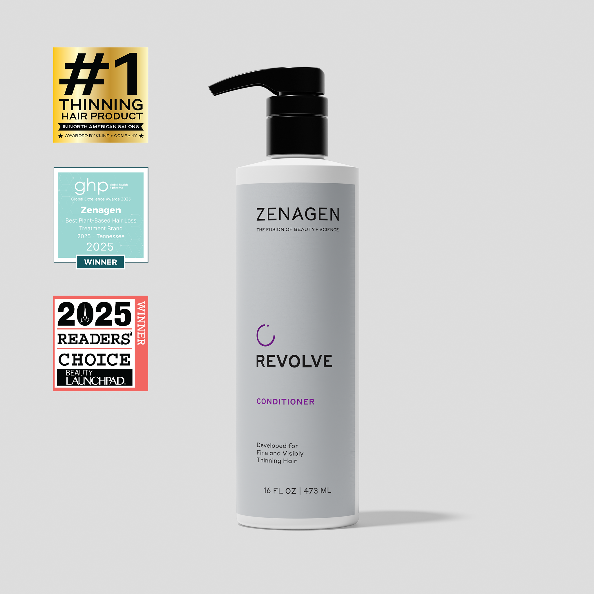 Zenagen Revolve Conditioner 16 oz professional pump bottle for fine and visibly thinning hair, lightweight formula designed to support scalp hydration, manageability, and fuller-looking volume.