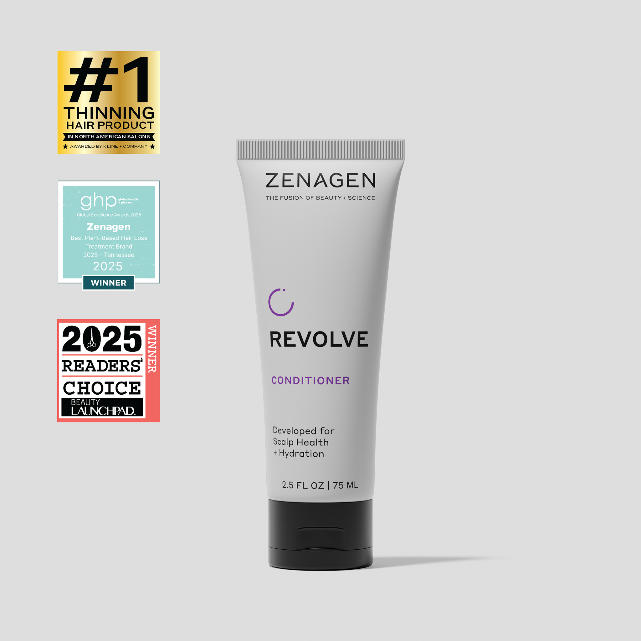 Zenagen Revolve Conditioner 2.5 oz travel size tube, conditioning formula for fine and visibly thinning hair that promotes smooth texture, hydration, and healthy-looking volume.