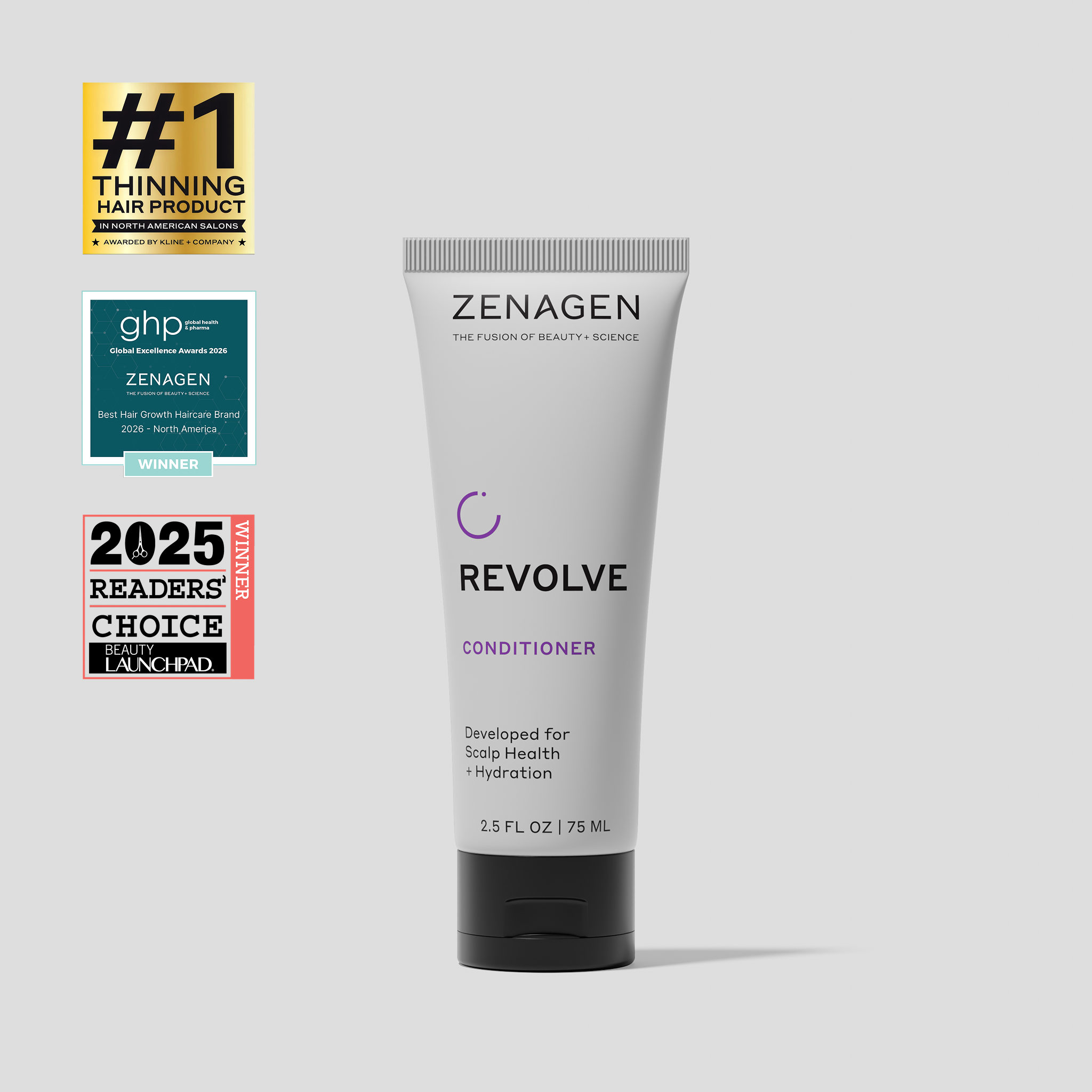 Zenagen Revolve Conditioner 2.5 oz travel size tube, conditioning formula for fine and visibly thinning hair that promotes smooth texture, hydration, and healthy-looking volume.