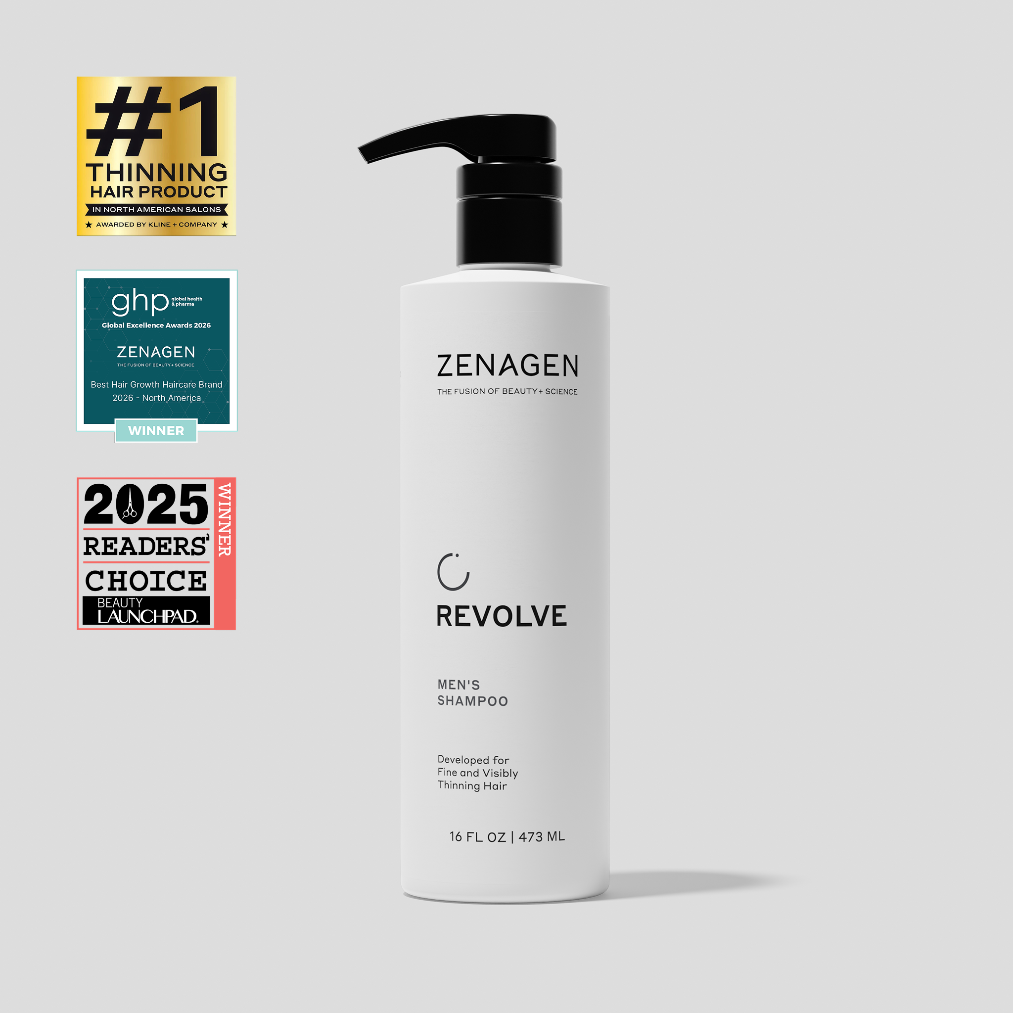 Zenagen Revolve Men’s Shampoo 16 oz professional pump bottle for fine and visibly thinning hair, award-winning salon formula that cleanses the scalp and supports thicker, fuller-looking hair.