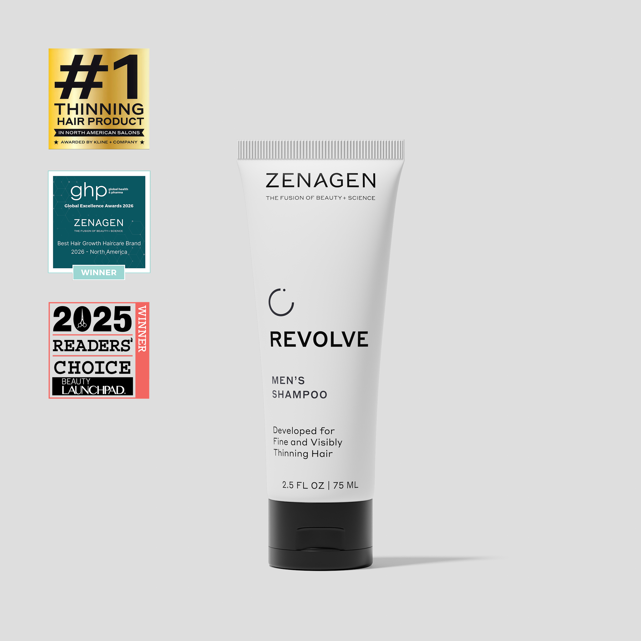 Zenagen Revolve Men’s Shampoo 2.5 oz travel size for fine and visibly thinning hair, professional scalp-cleansing formula that helps hair appear thicker and fuller.