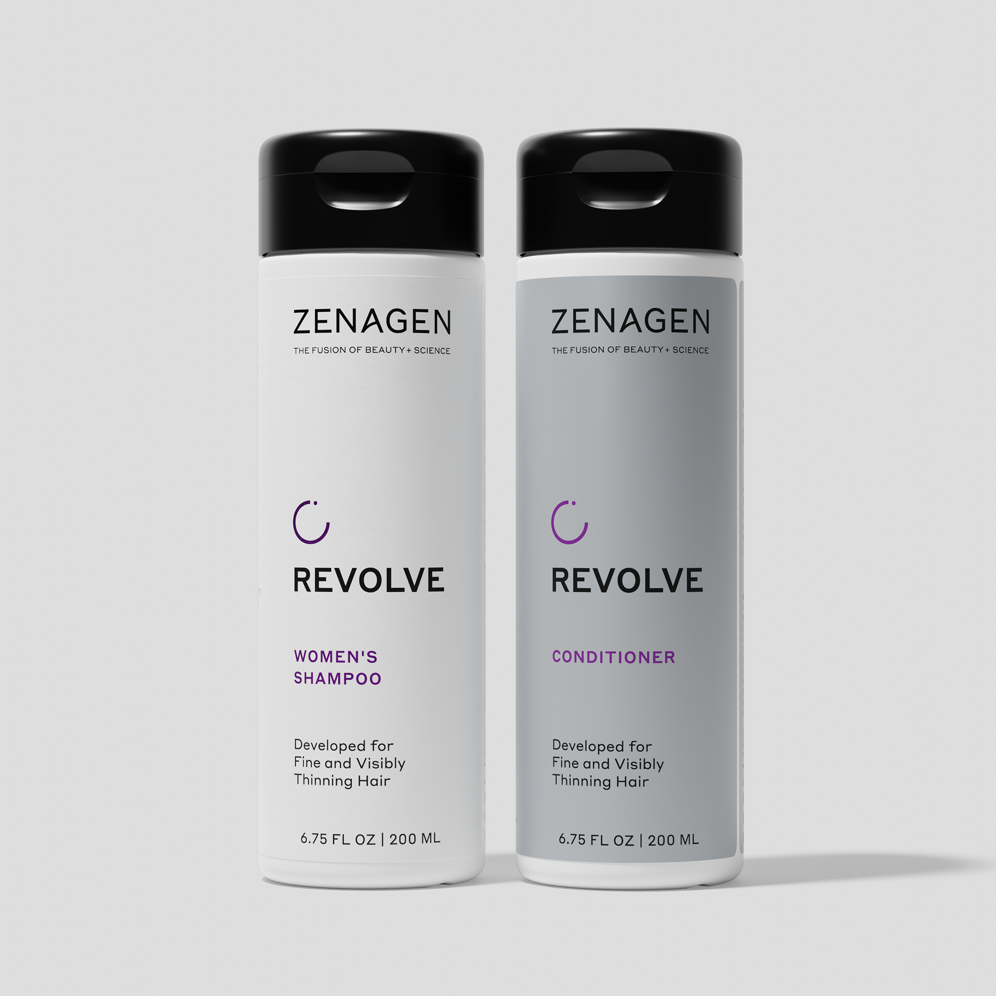 Zenagen Revolve Women’s Shampoo and Conditioner duo for fine and visibly thinning hair, 6.75 fl oz bottles with minimalist white and gray packaging on a clean background.