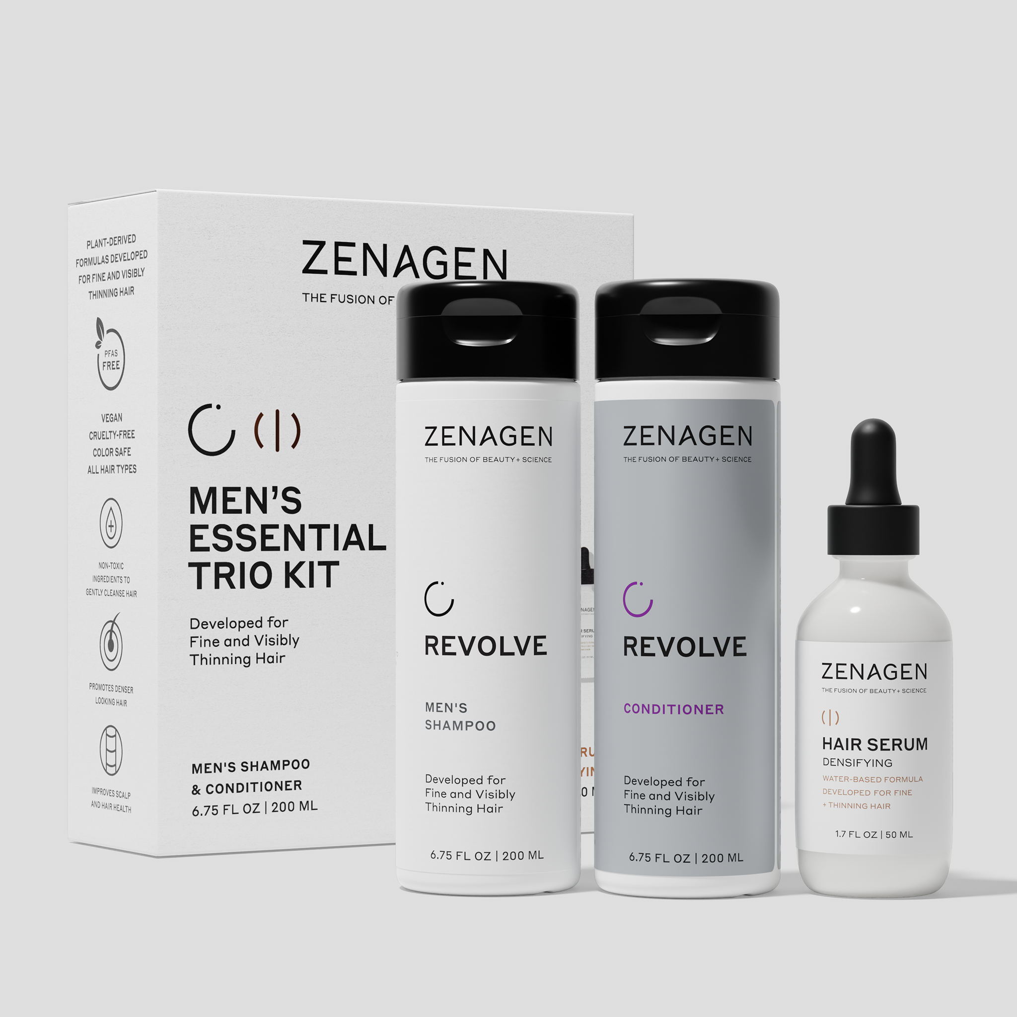 Zenagen Revolve Men’s Essential Trio Kit featuring men’s shampoo, conditioner, and densifying hair serum for fine and visibly thinning hair to support scalp health and fuller-looking volume.