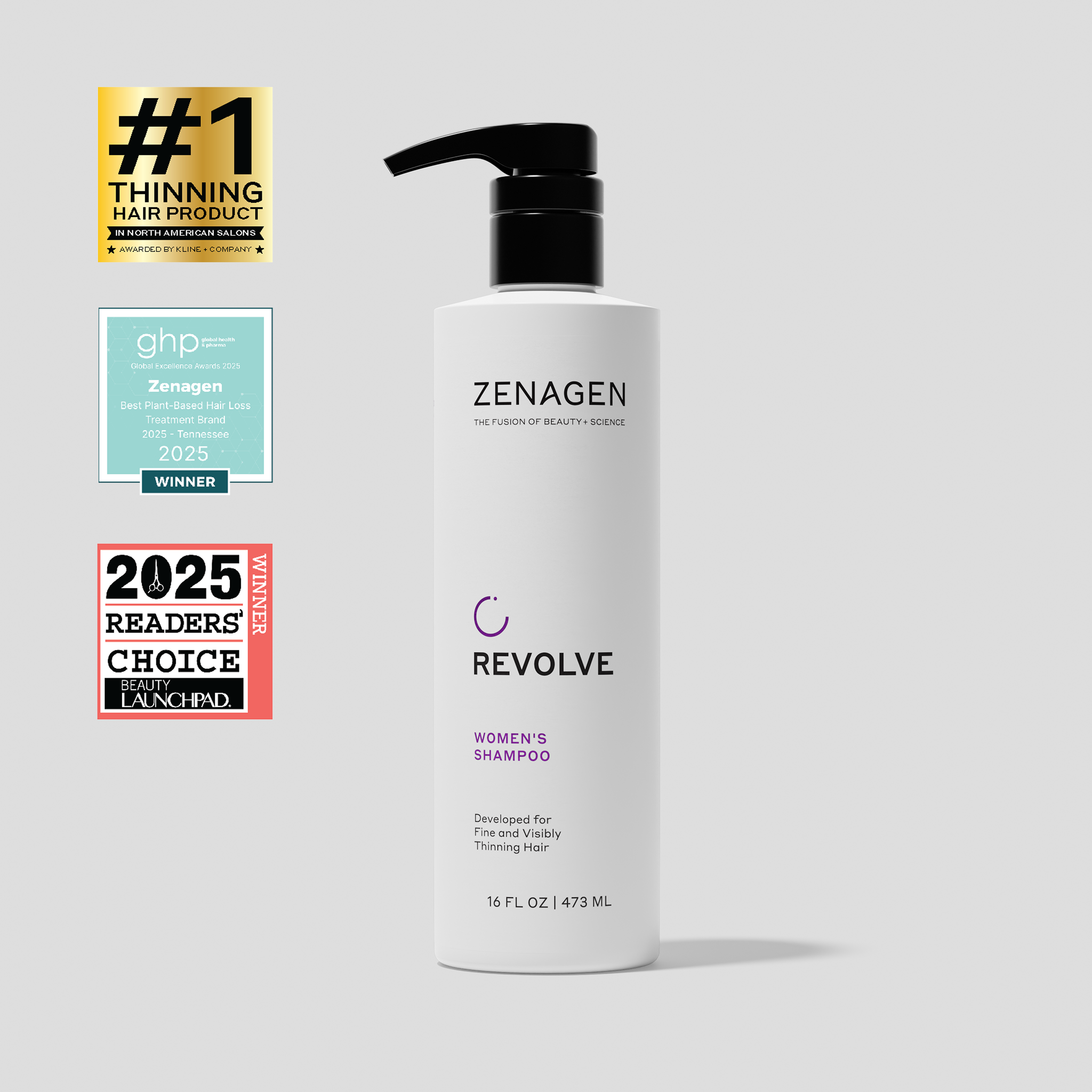 Zenagen Revolve Women’s Shampoo 16 oz professional pump bottle for fine and visibly thinning hair, salon-quality formula that supports scalp health and visibly fuller, denser-looking hair.