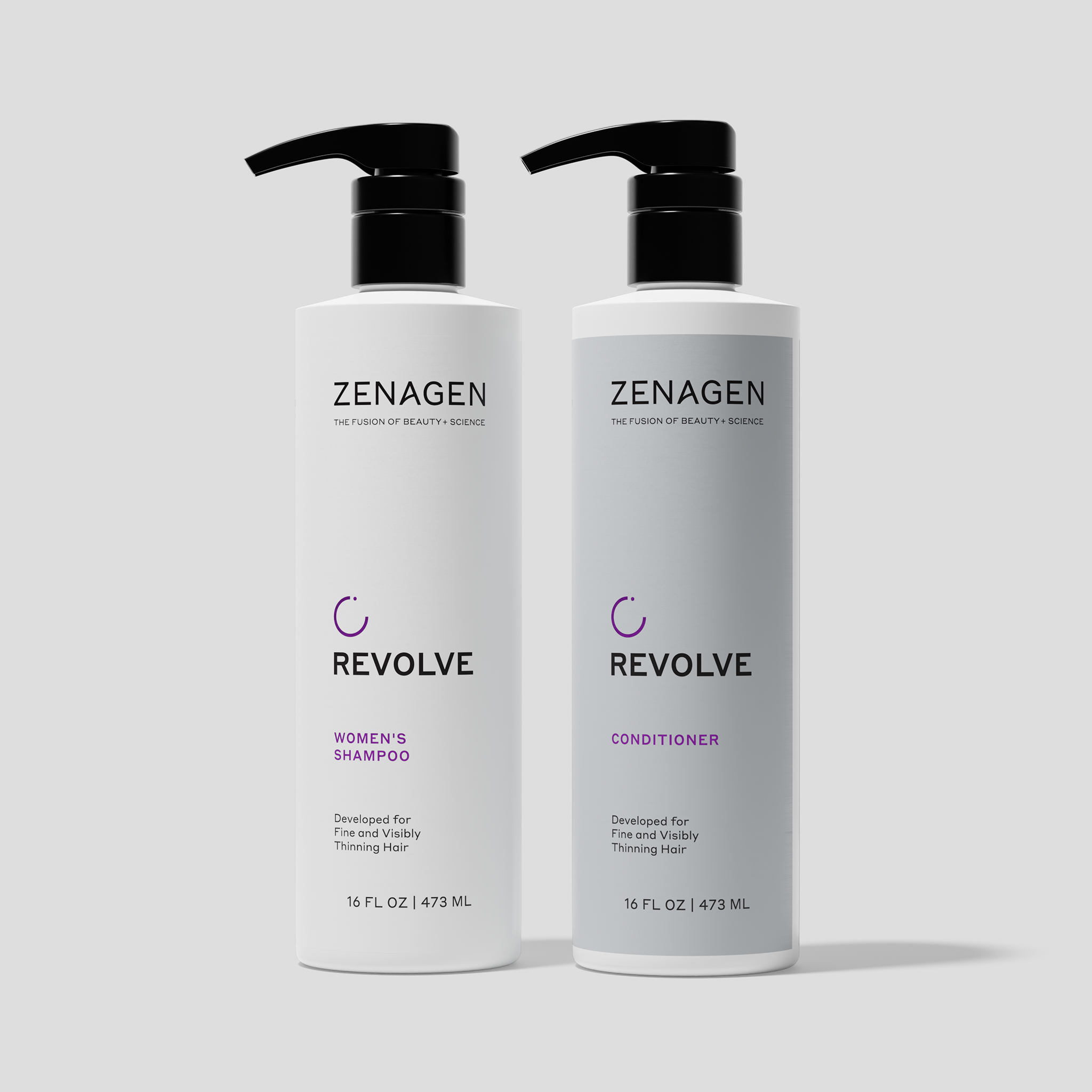 Zenagen Revolve Women’s Shampoo and Conditioner duo 16 oz, salon-quality system developed for fine and visibly thinning hair to support fuller-looking volume and healthy-looking shine.