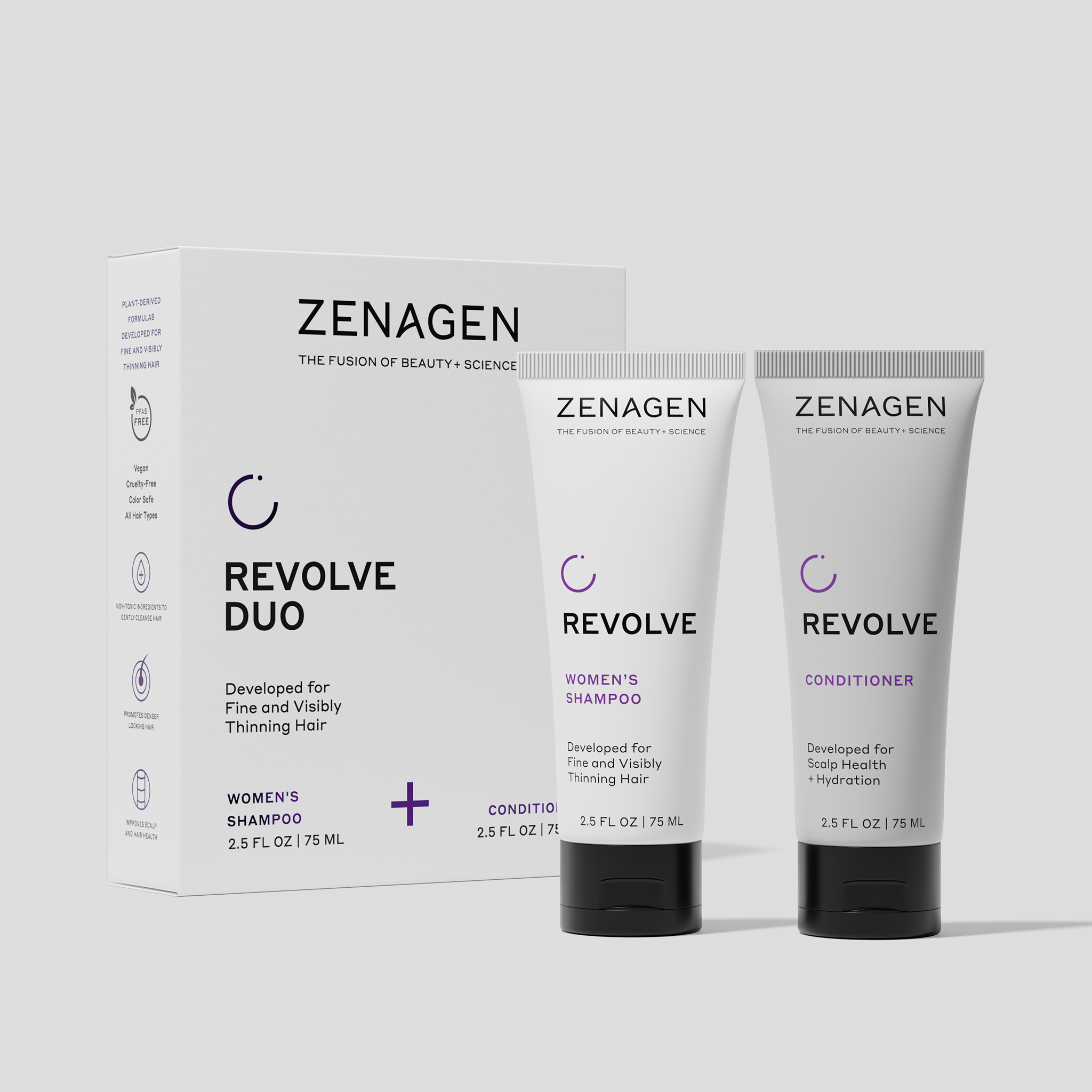 Zenagen Revolve Women’s Travel Duo with shampoo and conditioner for fine and visibly thinning hair.