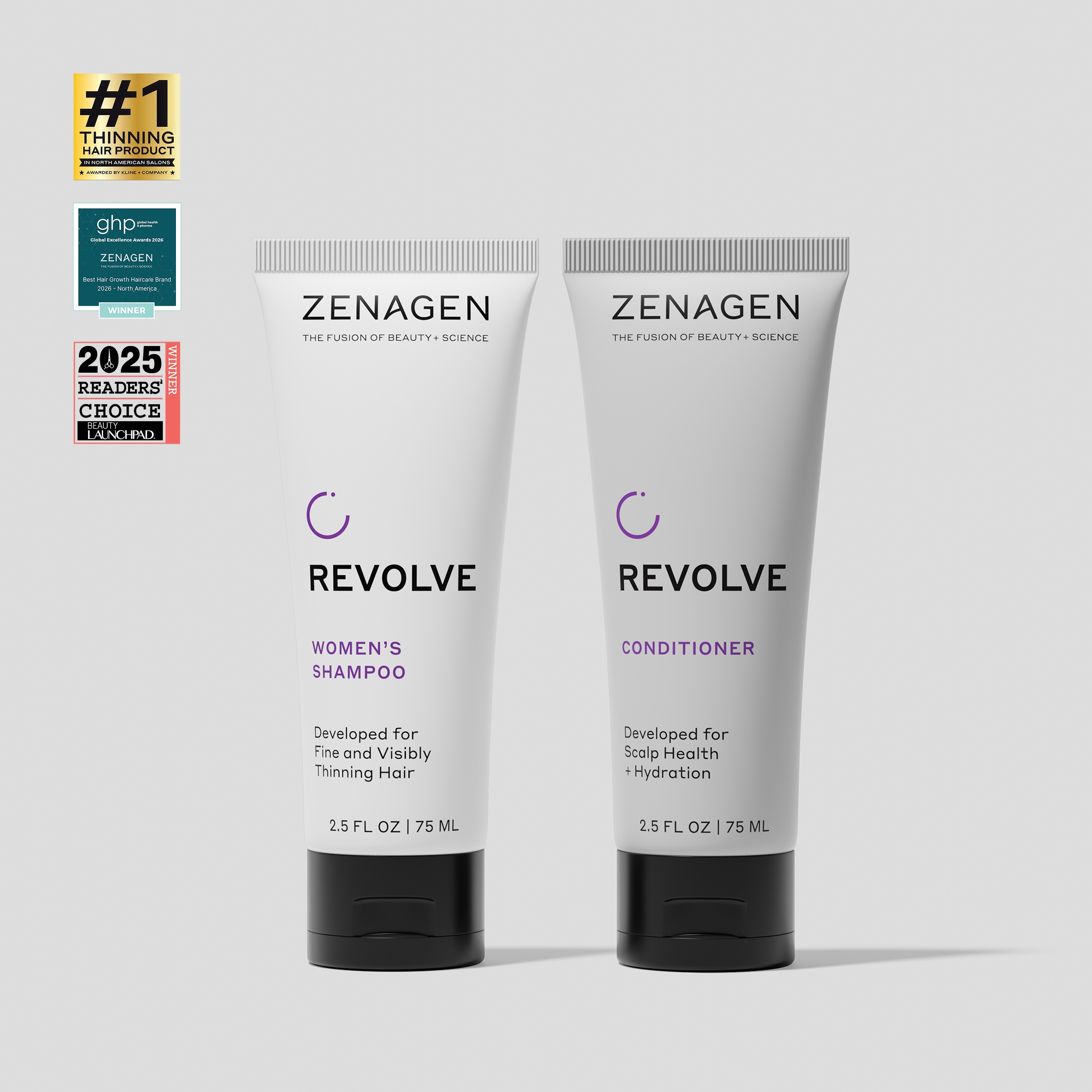 Zenagen Revolve Women's Travel Size Shampoo and Conditioner Duo, 2.5 fl oz, compact hair care system for fine and thinning hair, designed for scalp hydration and fuller-looking volume.