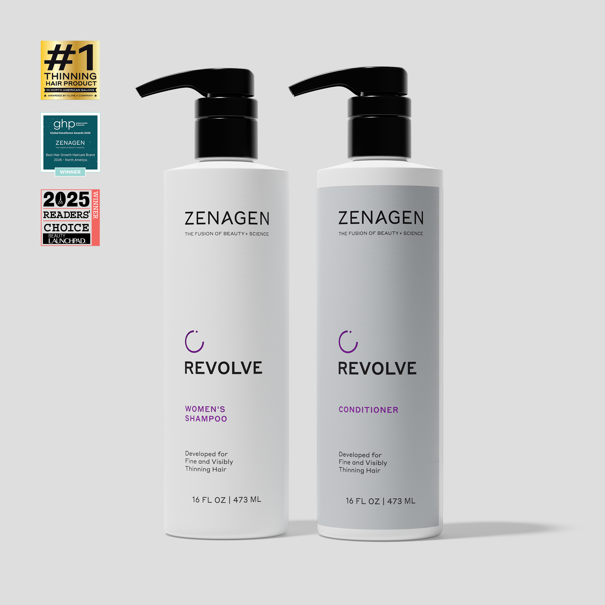 Zenagen Revolve Women's Shampoo and Conditioner Duo, 16 fl oz pump bottles, scalp-focused hair care for women with fine and visibly thinning hair, promoting thicker, denser-looking volume.