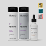 Zenagen Revolve Women's Shampoo, Conditioner and Densifying Hair Serum Trio, complete hair care routine for fine and thinning hair, designed to enhance visible fullness and hair density.
