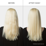Zenagen Evolve Nourishing Shampoo before and after image showing smoother, shinier, healthier-looking hair with reduced frizz appearance after one wash.
