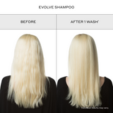 Before-and-after results showing smoother, softer, healthier-looking blonde hair after one wash with Zenagen Evolve Nourishing Shampoo. Individual results may vary.