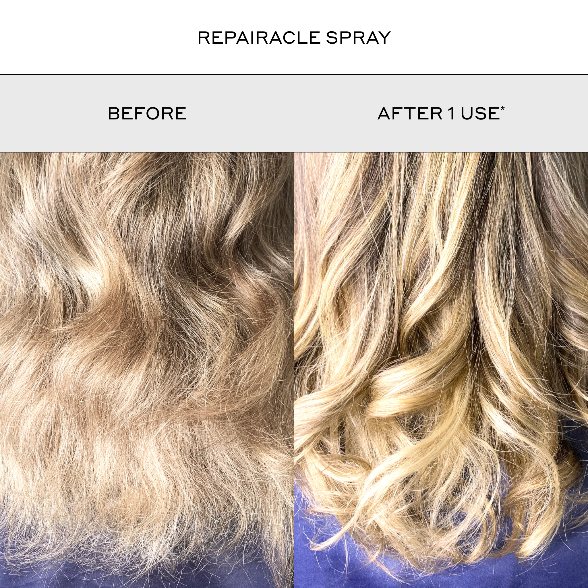 Before-and-after hair transformation images showing smoother, shinier, healthier-looking hair after using Zenagen Evolve Conditioner and Repairacle Spray. Individual results may vary.