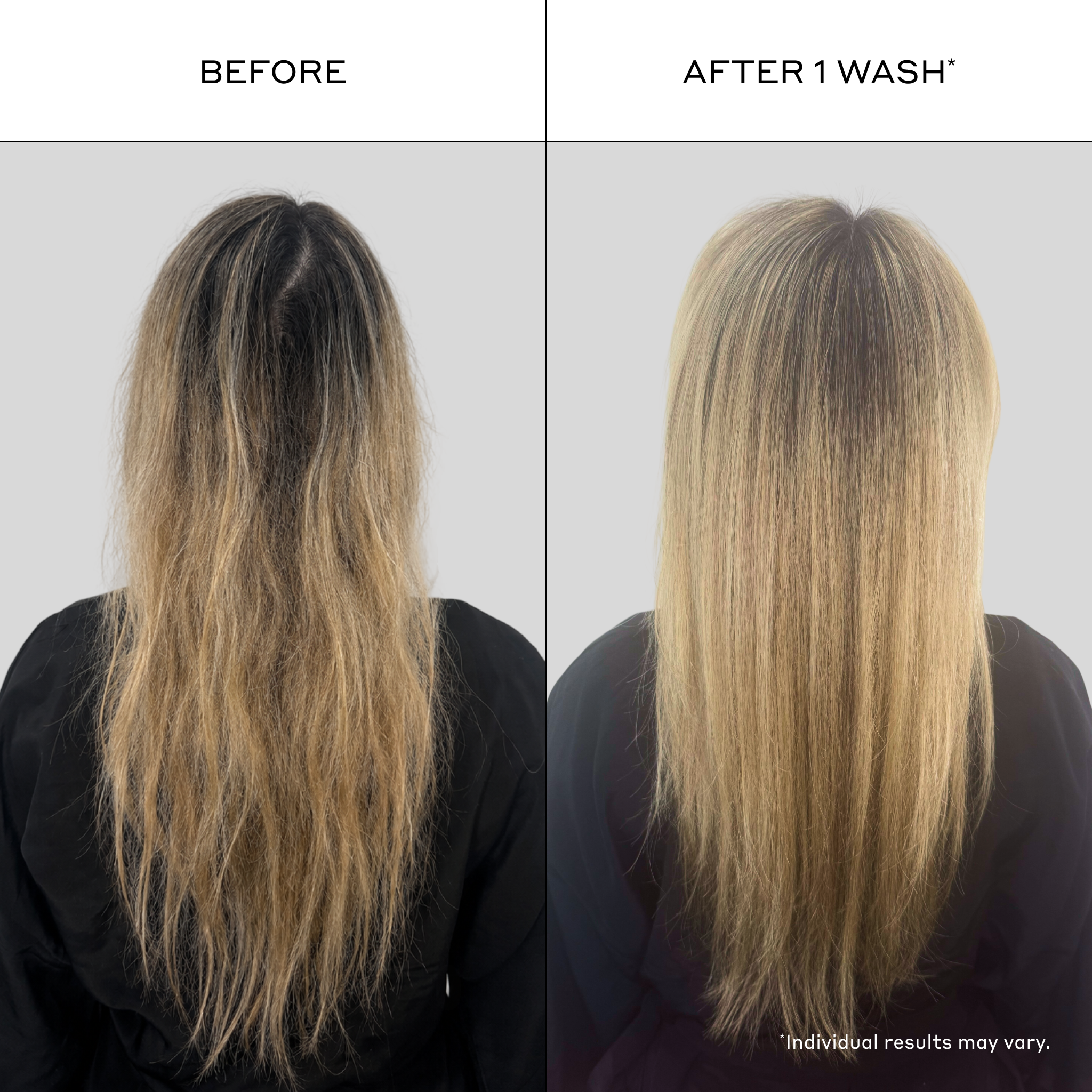 Before and after comparison showing visibly smoother, softer, fuller-looking blonde hair after one wash with Zenagen Zenergy thickening volumizing shampoo for fine, thinning, frizzy hair. Individual results may vary.